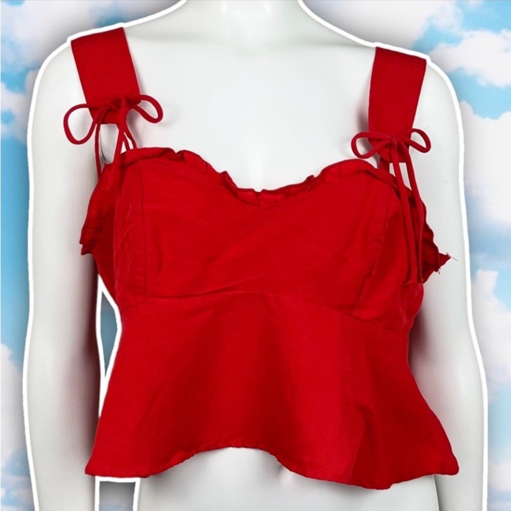 ZARA Flounce Peplum Ruffle Tie Strap Crop Top Red Coquette Retro Pinup Feminine - Picture 3 of 10